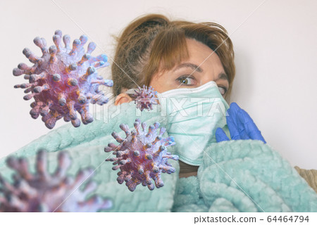 a scared woman sitting at home wearing a 64464794