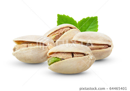 Pistachio nuts with leaf Isolated on a white background. full depth of field Pistachio nuts with leaf Isolated on a white background. full depth of field 64465401