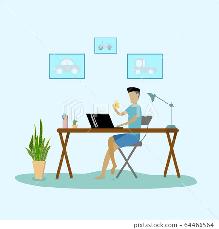 Work at home concept design.One men works online with a laptop on a wood table.Vector illustrator.Online work,stardy,shopping. 64466564