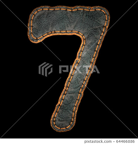 Number 7 made of leather. 3D render font with skin texture isolated on black background. Number 7 made of leather. 3D render font with skin texture isolated on black background. 64466886