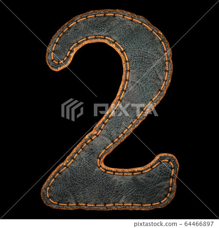 Number 2 made of leather. 3D render font with skin texture isolated on black background. Number 2 made of leather. 3D render font with skin texture isolated on black background. 64466897