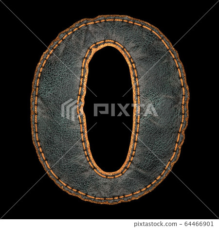 Number 0 made of leather. 3D render font with skin texture isolated on black background. 64466901
