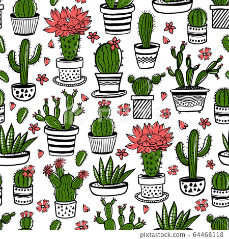 Cactus and succulent hand drawn seamless pattern in sketch style. Doodle colors flowers in pots. Vector colorful cute house interior plants. Cactus and succulent hand drawn seamless pattern in sketch style. Doodle colors flowers in pots. Vector colorful cute house interior plants. 64468118