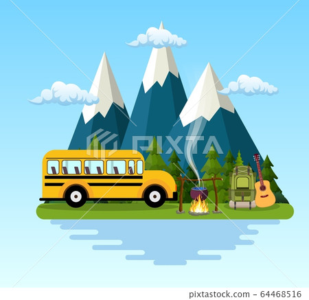 tent, campfire, mountains, forest and water. tent, campfire, mountains, forest and water. 64468516