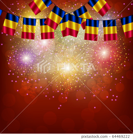 Bright firework with flags of Romania. Illustration with flags for web design. 64469222