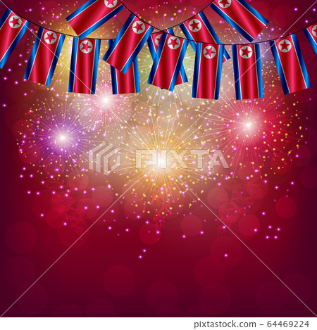 Bright firework with flags of North Korea. Illustration with flags for web design. 64469224