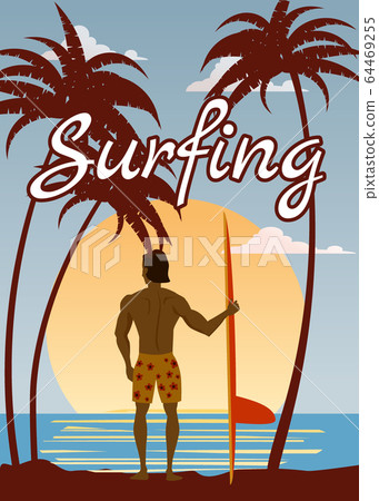 Surfer standing with surfboard on the tropical beach back view. Surfing palms ocean theme retro vintage. Vector illustration isolated template poster banner Surfer standing with surfboard on the tropical beach back view. Surfing palms ocean theme retro vintage. Vector illustration isolated template poster banner 64469255