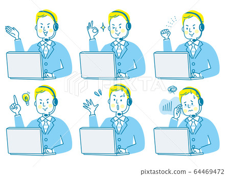 Personal computer call center Young man facial expression set Personal computer call center Young man facial expression set 64469472