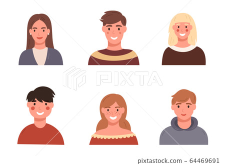 Set of avatars of happy yang people. Portraits... - Stock Illustration ...