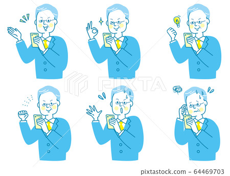 Smartphone suit senior male facial expression set 64469703