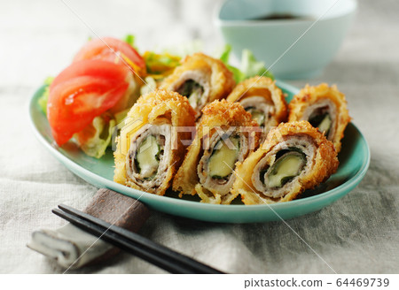 Tonkatsu roll with cheese and large leaves 64469739
