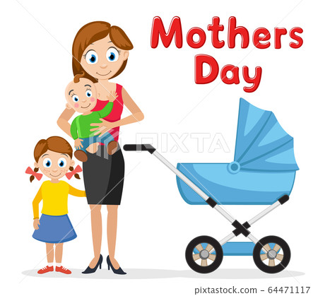 Mom with children and a stroller on a white. Mom with children and a stroller on a white. 64471117