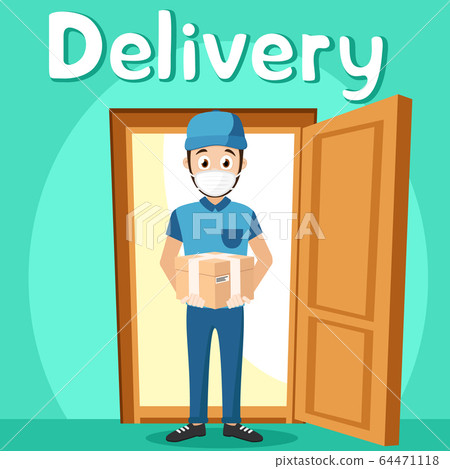 Courier in medical mask with a box in his hands at Courier in medical mask with a box in his hands at 64471118