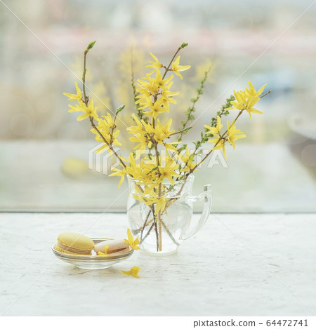 Window, windowsill, delicious macarons and spring yellow flowers in glass vase, still life on a light background 64472741