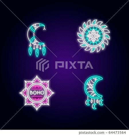 Boho Style Accessories Neon Light Icons Set Stock Illustration