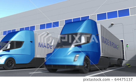 Modern semi-trailer trucks with MADE IN POLAND text being loaded or unloaded at warehouse. Polish business related 3D rendering Modern semi-trailer trucks with MADE IN POLAND text being loaded or unloaded at warehouse. Polish business related 3D rendering 64475137