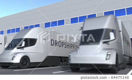 Modern semi-trailer trucks with DROPSHIPPING text being loaded or unloaded at warehouse. 3D rendering 64475148