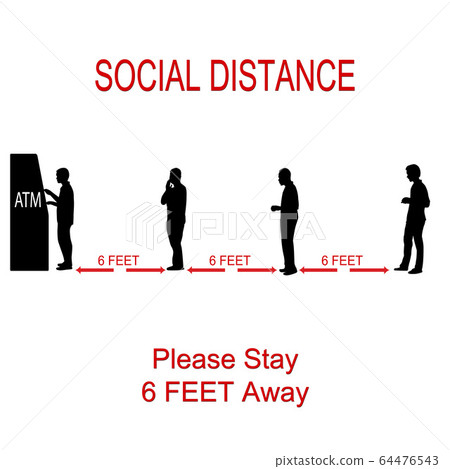 ATM cash dispenser pictures with silhouettes of people, people to stand 6 feet apart, the practices put in place to enforce social distancing,concept safety novel coronavirus 2019, vector illustration 64476543