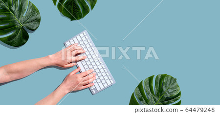 Person using a computer keyboard with tropical leaves Person using a computer keyboard with tropical leaves 64479248
