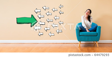 Arrow going in the opposite direction with woman in a thoughtful pose Arrow going in the opposite direction with woman in a thoughtful pose 64479293
