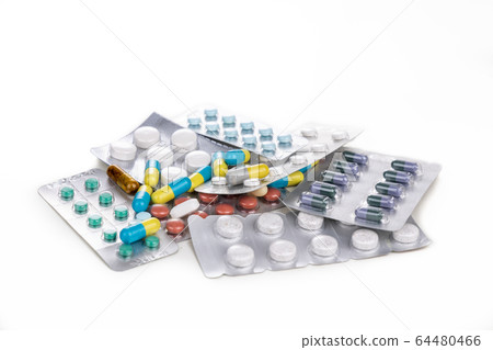 Multiple strips of pills tablet, caplet, capsule. Multiple strips of pills tablet, caplet, capsule. 64480466