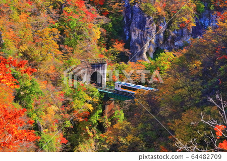[宮城]火車在秋天的顏色穿越鳴子峽 64482709