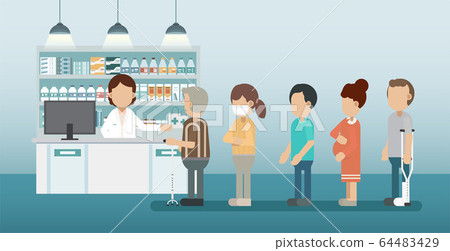 Pharmacy with pharmacist and customer queue Pharmacy with pharmacist and customer queue 64483429