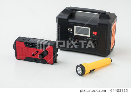 Tools for emergency disasters, white background, portable power supply, flashlight, radio charger 64483515