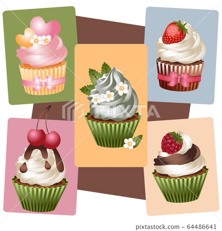 Realistic vector illustrations of cupcakes. Sweets on his birthday. Set for the holidays. For creativity and design. Icons for websites. Realistic vector illustrations of cupcakes. Sweets on his birthday. Set for the holidays. For creativity and design. Icons for websites. 64486641