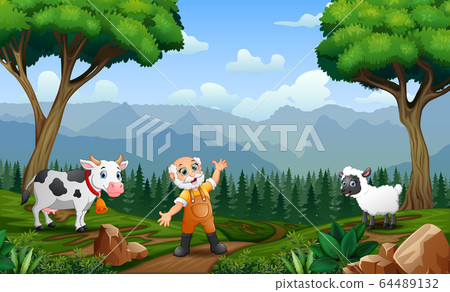 The old farmer herding cattle and sheep in the field 64489132