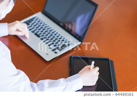 Tablet laptop computer poor health home waiting telework remote work Japanese business 64489161