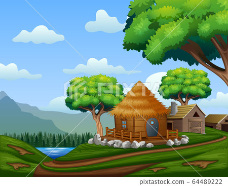 图库插图: cartoon barn house with a cabin on the hill 查看全部