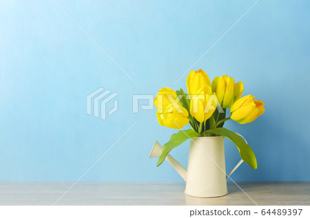 Artificial yellow tulip flowers at watering can on 64489397