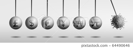 Corona virus cell attack world many money currency on Newton's Cradle Pendulums. 64490646