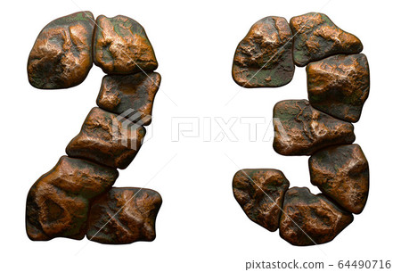 Set of rocky numbers 2, 3. Font of stone on white background. 3d 64490716