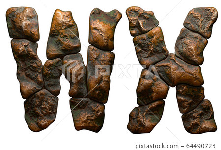 Set of rocky letters W, X. Font of stone on white background. 3d Set of rocky letters W, X. Font of stone on white background. 3d 64490723