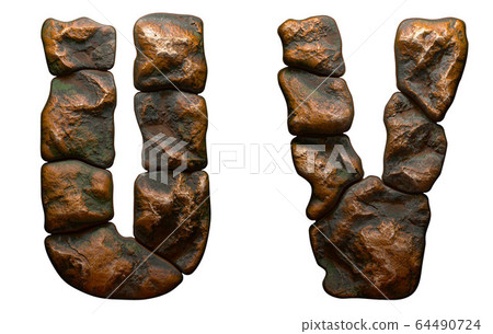 Set of rocky letters U, V. Font of stone on white background. 3d Set of rocky letters U, V. Font of stone on white background. 3d 64490724