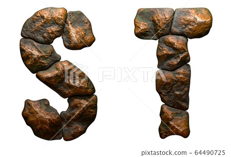 Set of rocky letters S, T. Font of stone on white background. 3d 64490725