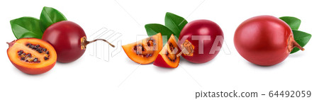 Fresh tamarillo fruit with leaves isolated on white background, Set or collection Fresh tamarillo fruit with leaves isolated on white background, Set or collection 64492059