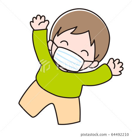 A boy wearing a mask and raising both hands A boy wearing a mask and raising both hands 64492210
