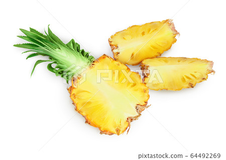 pineapple half with slices isolated on white background with clipping path and full depth of field. Top view. Flat lay pineapple half with slices isolated on white background with clipping path and full depth of field. Top view. Flat lay 64492269