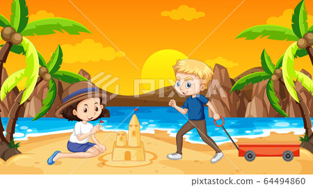 Ocean scene with people having fun on the beach Ocean scene with people having fun on the beach 64494860