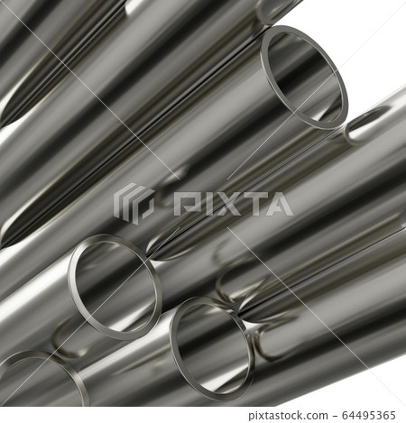 Steel pipes on white background. Glossy 3d rendering steel tubes design 64495365