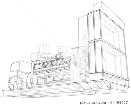 High voltage industrial standby dieasel generator at a power generation. The layers of visible and invisible lines are separated. EPS10 format. Wire-frame 64495457