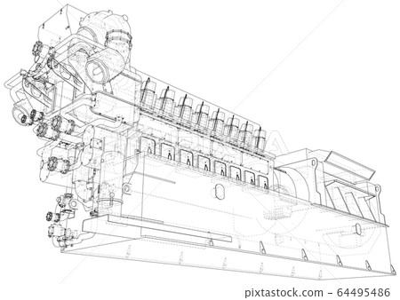 High voltage industrial standby dieasel generator at a power generation. The layers of visible and invisible lines are separated. EPS10 format. Wire-frame 64495486