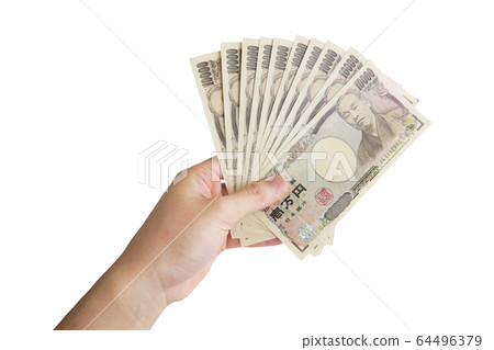 Male hand holding 100,000 yen-white background 64496379