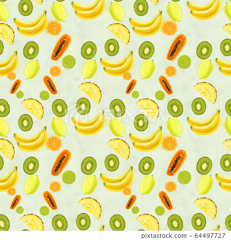 Hand drawn seamless pattern with bananas, pineapples papaya kiwi fruit and lemon. 64497727