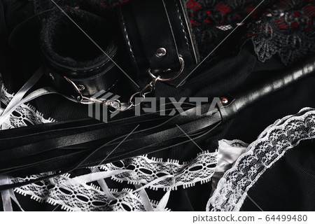 Leather handcuffs and whip for BDSM and maid costume Leather handcuffs and whip for BDSM and maid costume 64499480