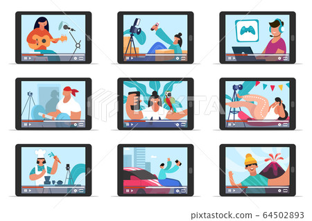 Video bloggers online streaming. Social media content creators, vloggers review, education, fitness, cooking video guides vector illustration set 64502893