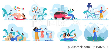 Bloggers review. Streaming online review, video blogger and content creators. Social media video channel concept vector illustration set 64502895